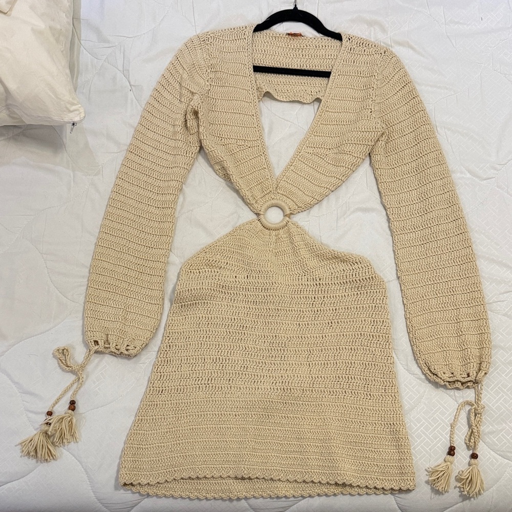 Chic Beige Knit Dress with Ring Detail